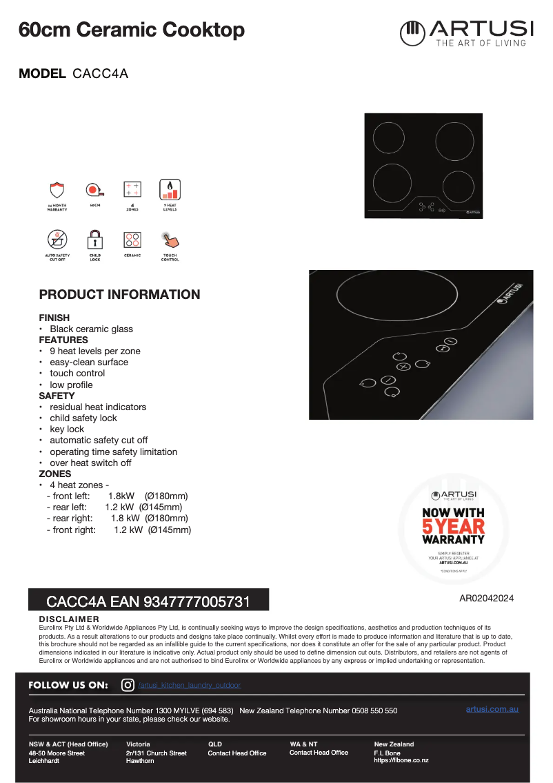 Página 1 del manual Ficha técnica Artusi CACC4A
