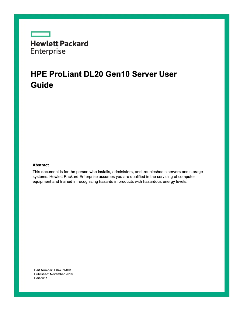 Imagen de la primera página del manual del dispositivo HPE ProLiant DL20 Gen10