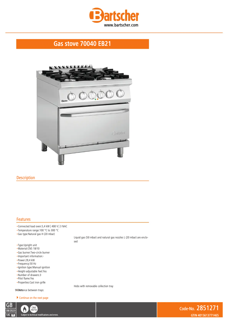 Página nº 1 - Ficha técnica Bartscher 2851271