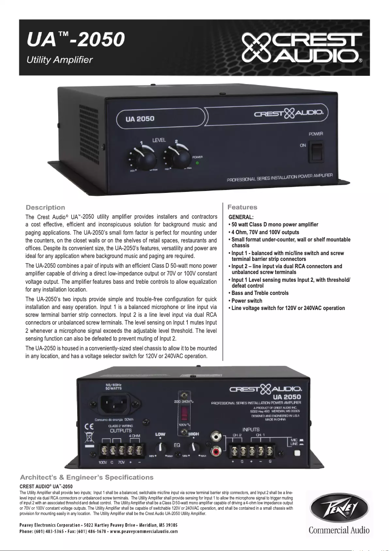 Página 1 del manual Ficha técnica Crest Audio UA 2050