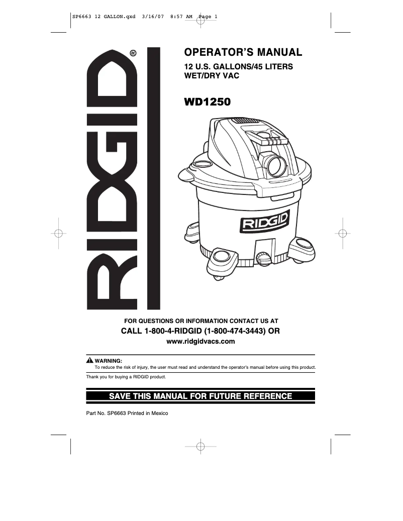 Página nº 1 - Manual de usuario Ridgid WD1250