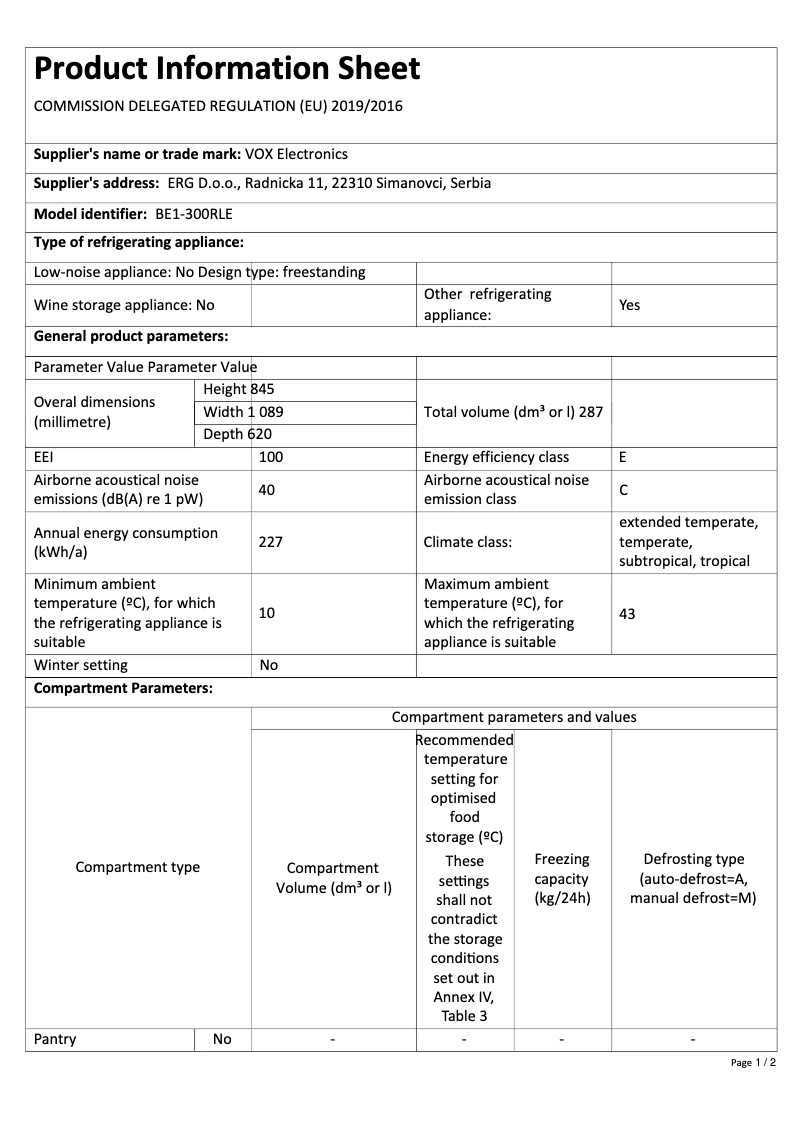 Página 1 del manual Ficha técnica VOX BE1-300RLE