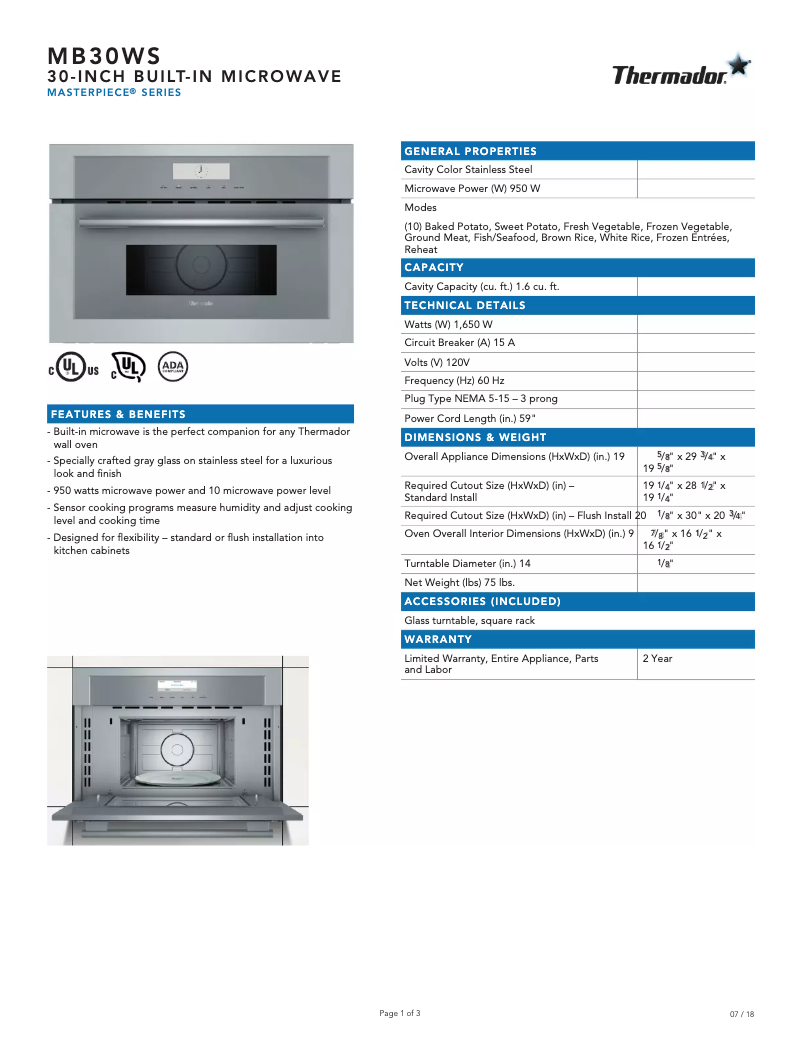 Página 1 del manual Ficha técnica Thermador Masterpiece MB30WS