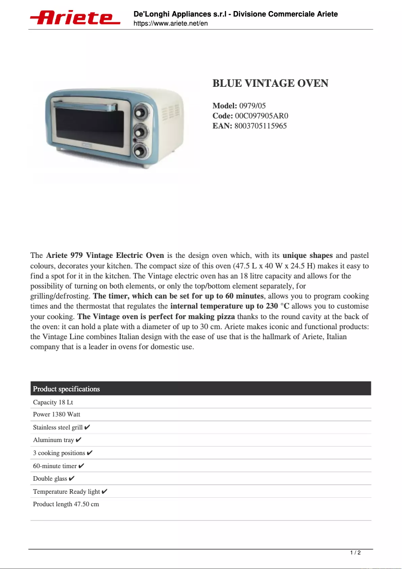 Página 1 del manual Ficha técnica Ariete 0979