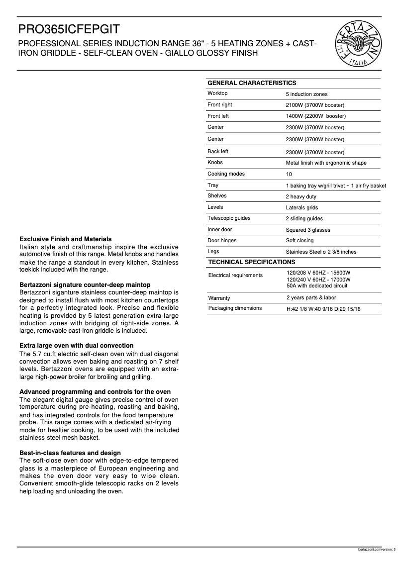 Página 1 del manual Ficha técnica Bertazzoni PRO365ICFEPGIT