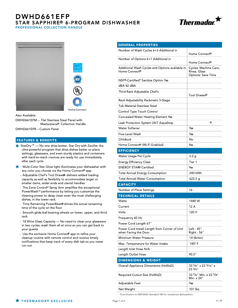 Página 1 del manual Ficha técnica Thermador DWHD661EFP