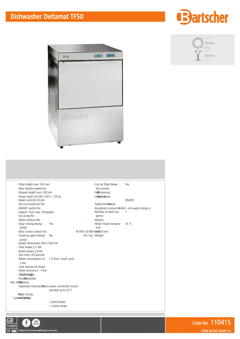 Página 1 del manual Ficha técnica Bartscher Deltamat TF 50