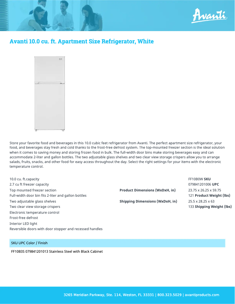 Página 1 del manual Ficha técnica Avanti FF10B0W