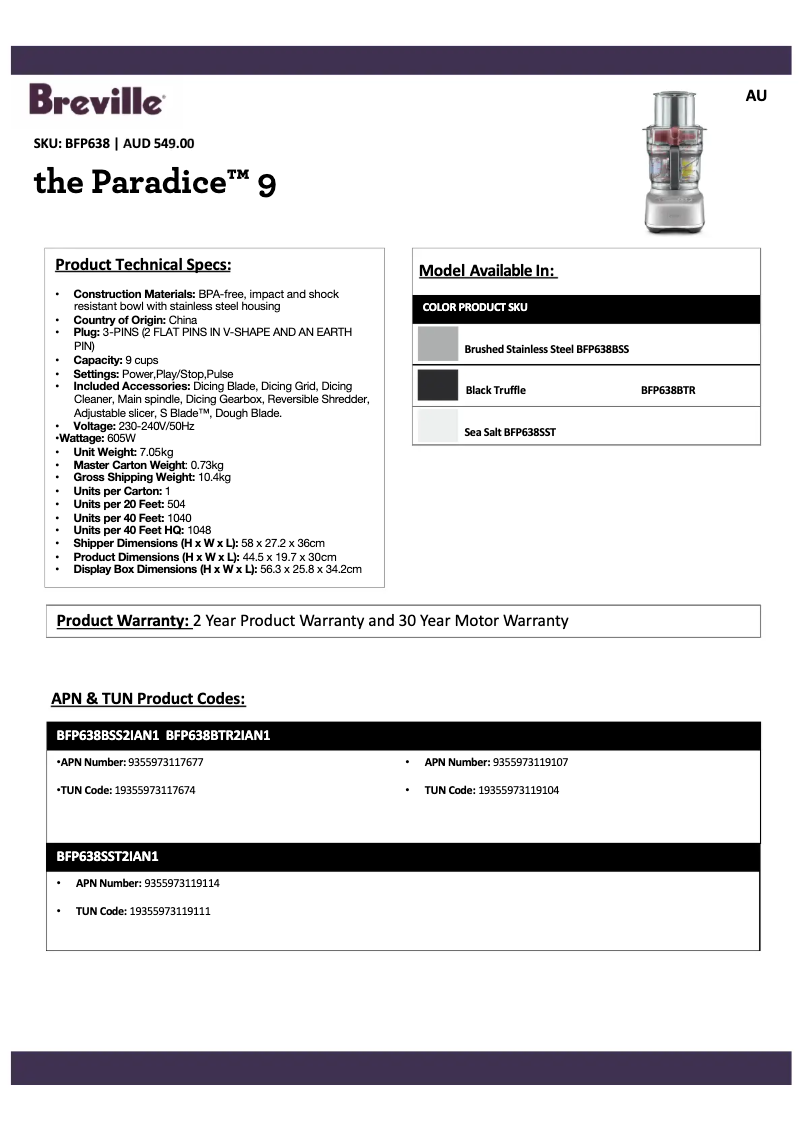 Imagen de la primera página del manual del dispositivo the Paradice 9 BFP638