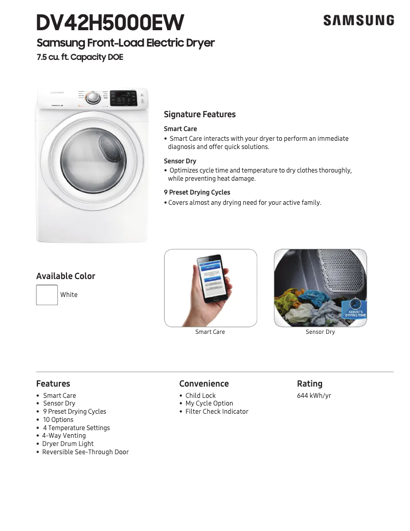 Página 1 del manual Ficha técnica Samsung DV42H5000EW