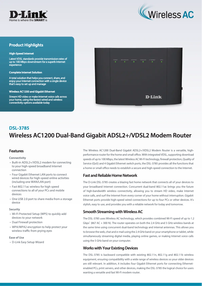 Página 1 del manual Ficha técnica D-Link DSL-3785