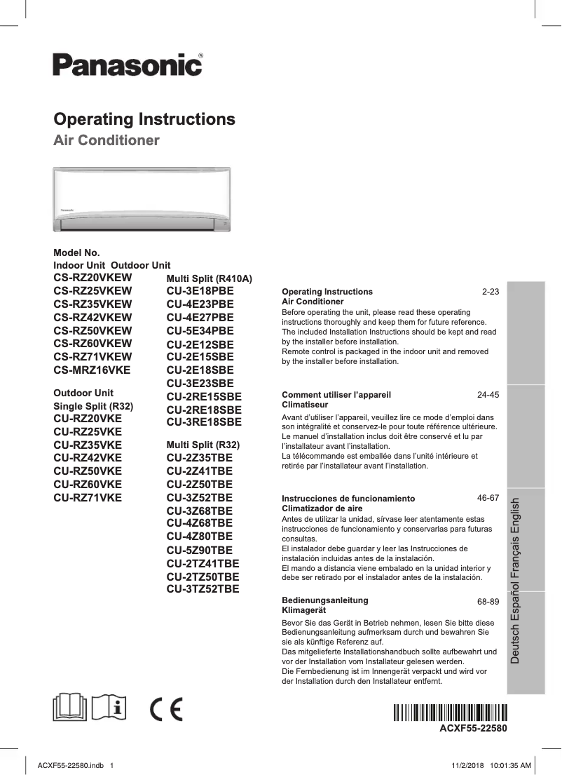 Página 1 del manual Manual de usuario Panasonic CU-RZ25VKE