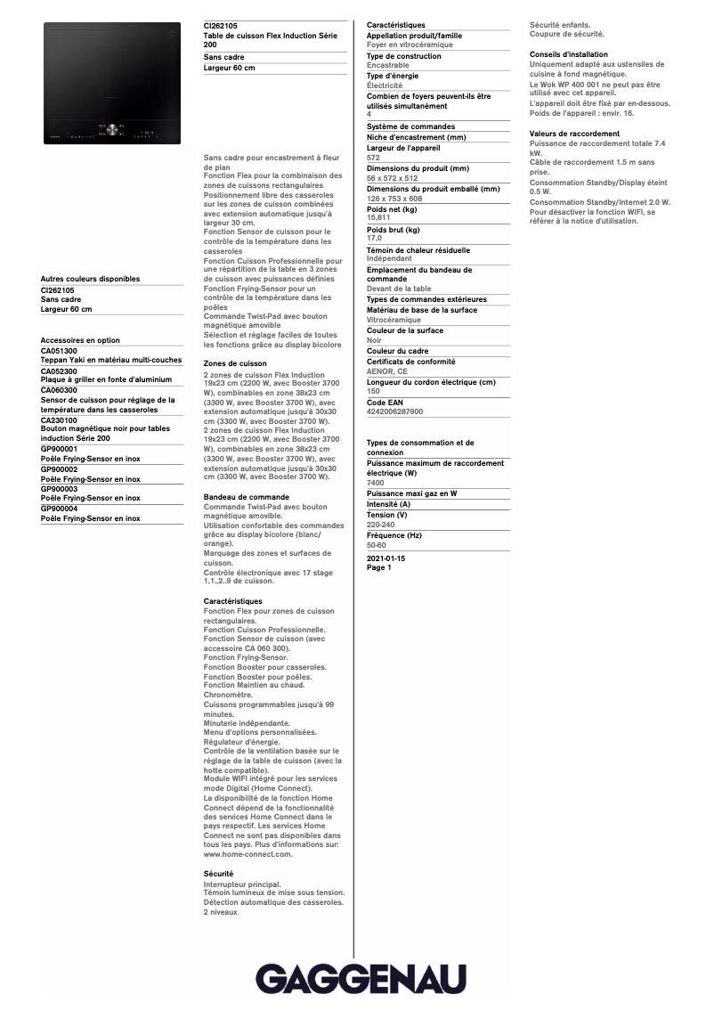 Página 1 del manual Ficha técnica Gaggenau CI262105