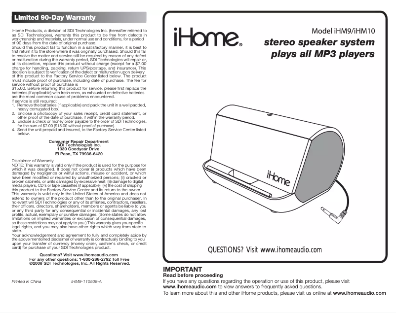 Página nº 1 - Manual de usuario iHome iHM9