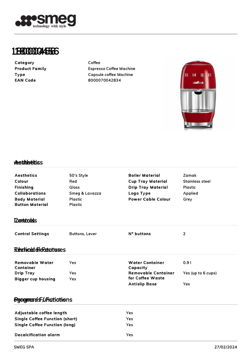 Página 1 del manual Ficha técnica Smeg Lavazza A Modo Mio