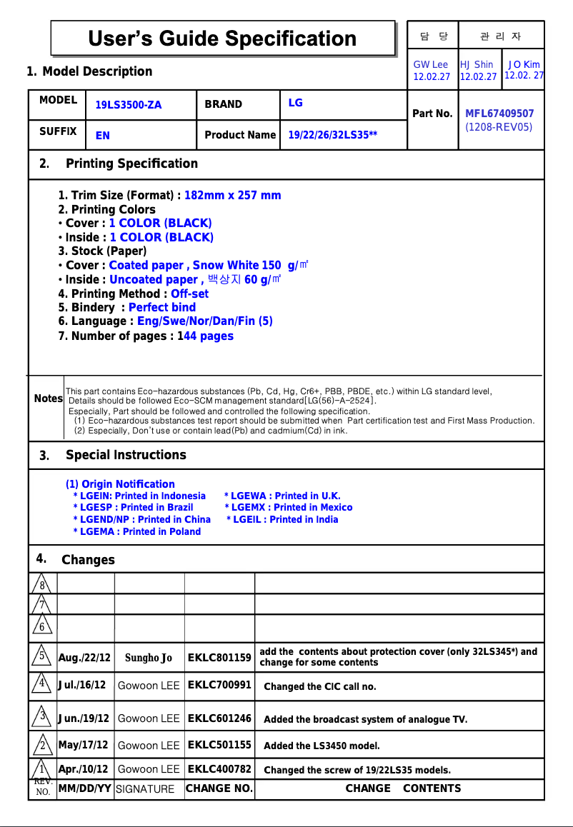 Imagen de la primera página del manual del dispositivo 32LS350T
