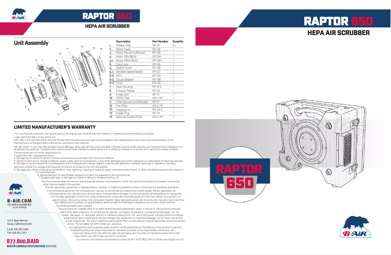 Imagen de la primera página del manual del dispositivo Raptor 650