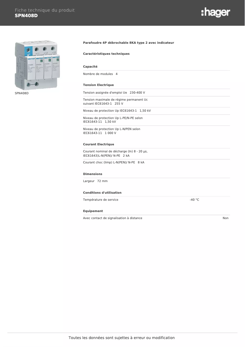 Página 1 del manual Ficha técnica Hager SPN408D