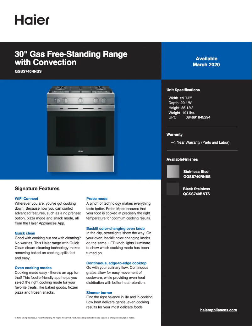 Página 1 del manual Ficha técnica Haier QGSS740RNSS