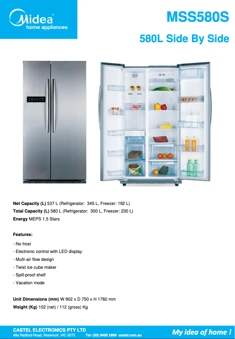 Página 1 del manual Ficha técnica Midea MSS580W