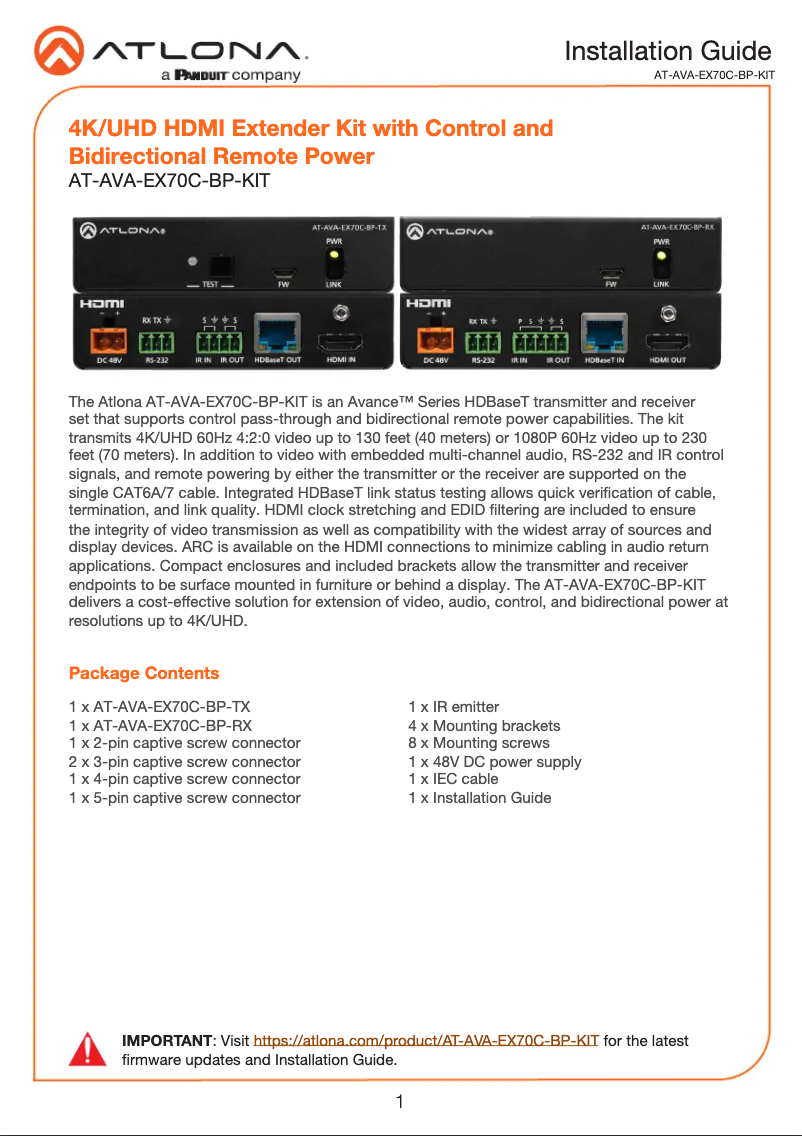 Página nº 1 - Manual de usuario Atlona AT-AVA-EX70C-BP-KIT