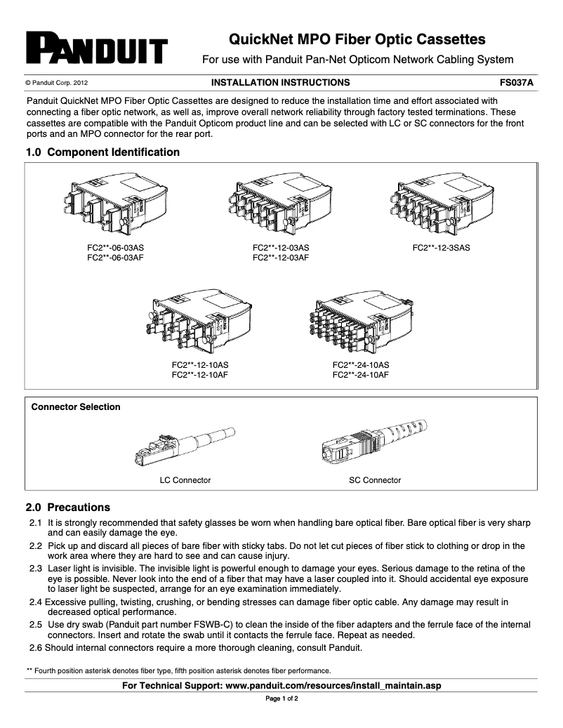 Página nº 1 - Manual de usuario Panduit FC2ZO-12-10AS