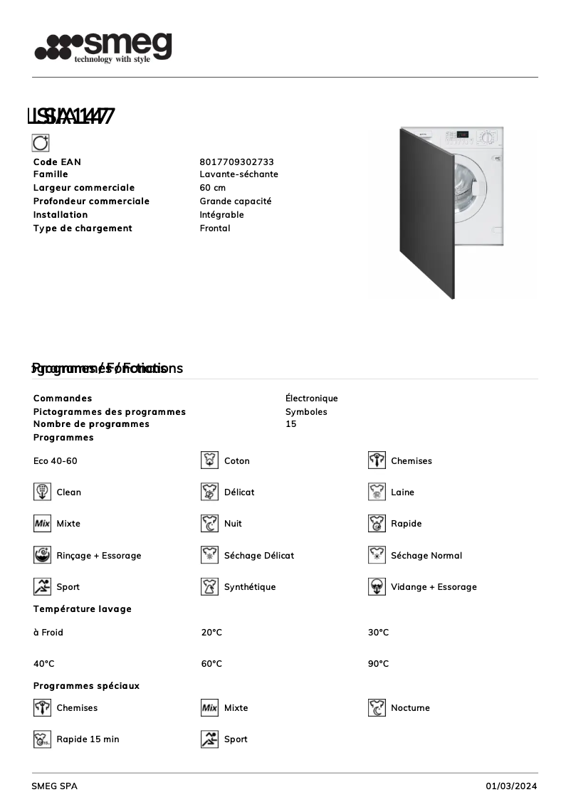 Página 1 del manual Ficha técnica Smeg LSIA147