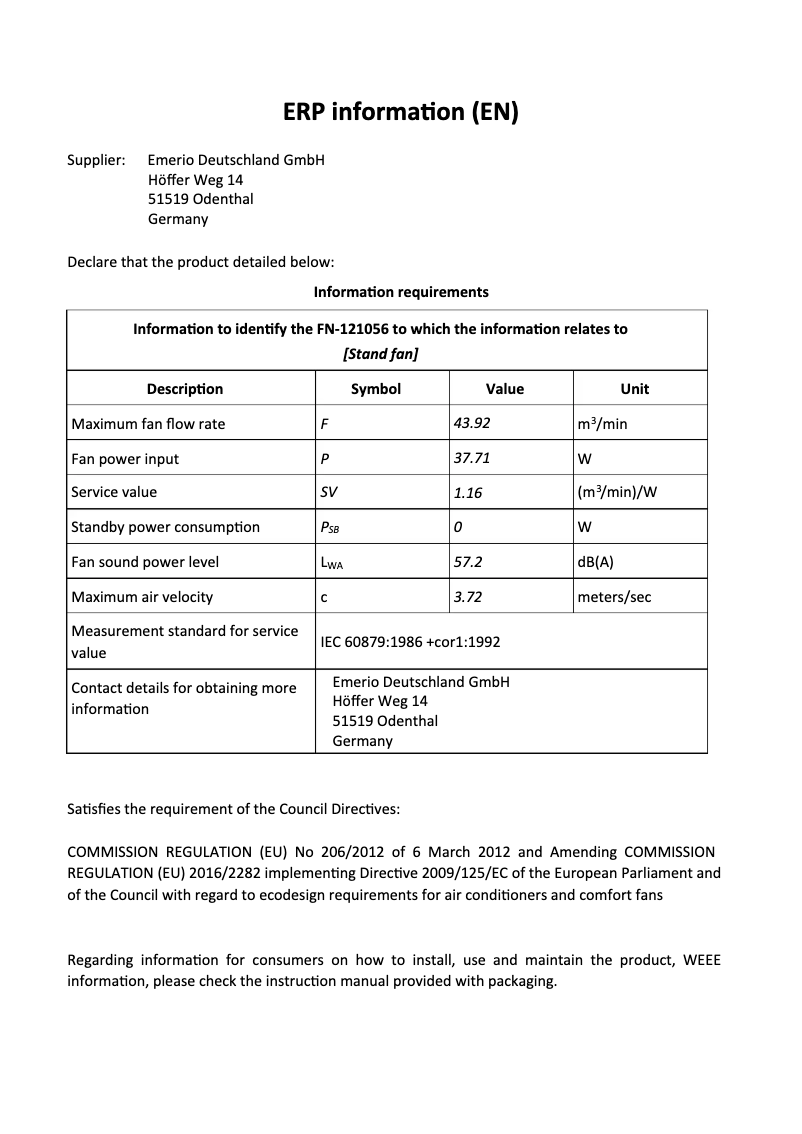 Página 1 del manual Ficha técnica Emerio FN-121056
