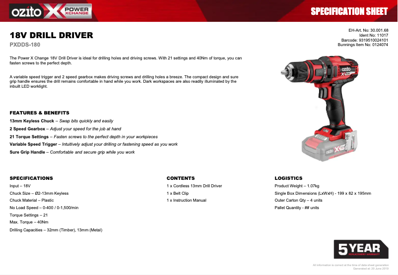 Página 1 del manual Ficha técnica Ozito PXDDS-180