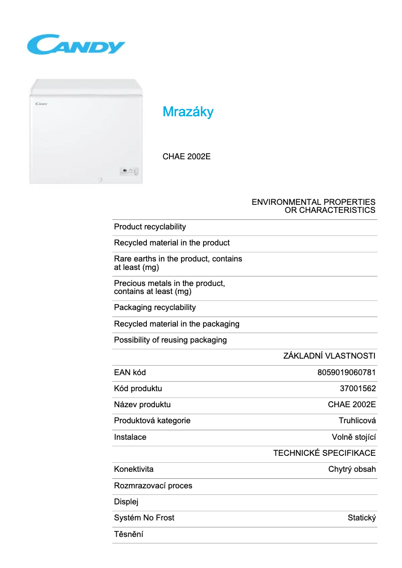 Página 1 del manual Ficha técnica Candy CHAE 2002E