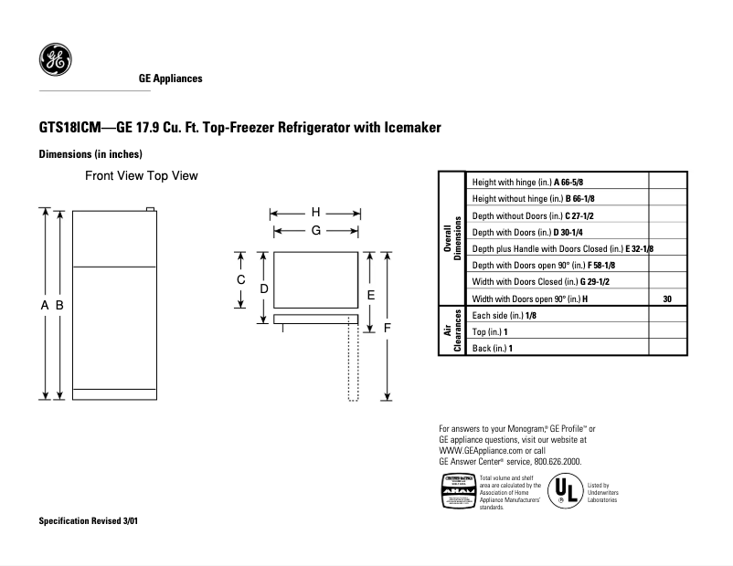 Página 1 del manual Ficha técnica GE GTS18ICMCC