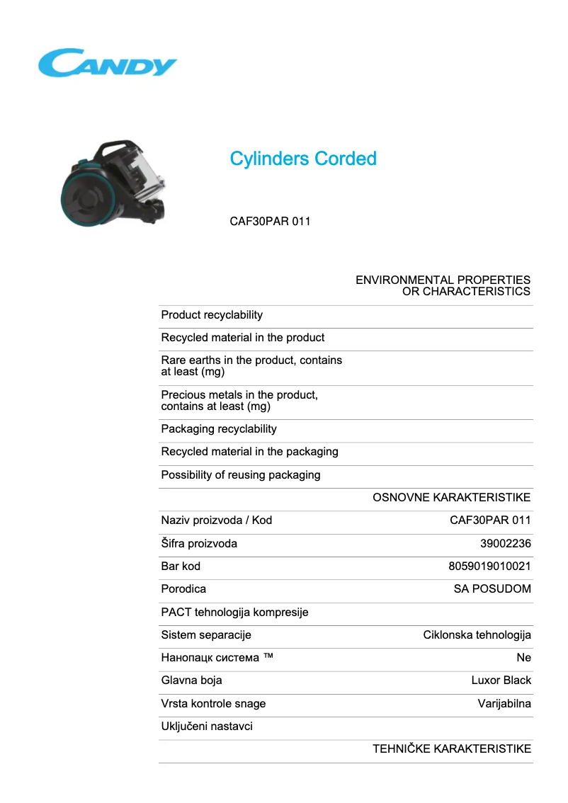 Página 1 del manual Ficha técnica Candy CAF30PAR 011