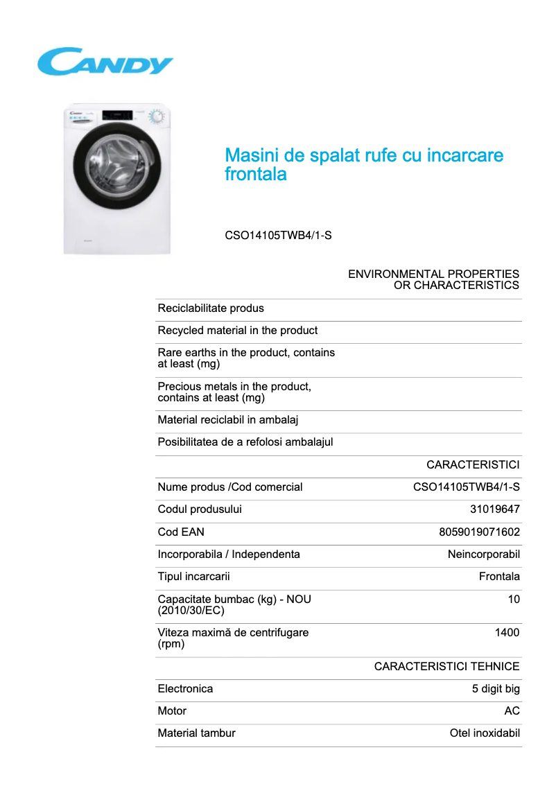 Página 1 del manual Ficha técnica Candy CSO14105TWB4/1-S