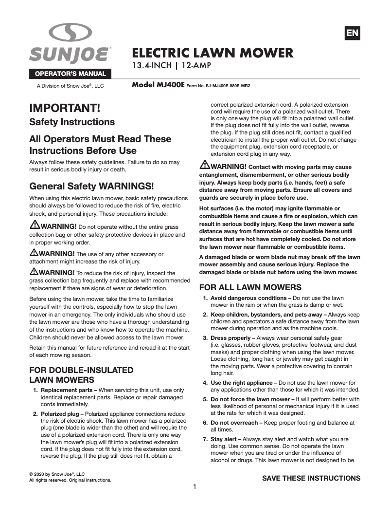 Página 1 del manual Manual de usuario Sun Joe MJ400E