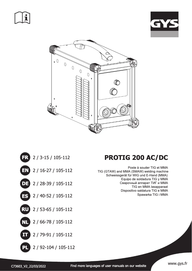 Imagen de la primera página del manual del dispositivo Protig 200 AC/DC