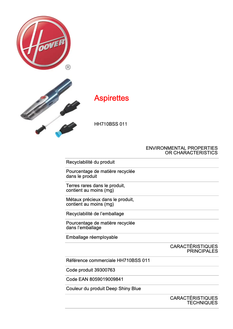 Página 1 del manual Ficha técnica Hoover H-HANDY 700 HH710BSS 011