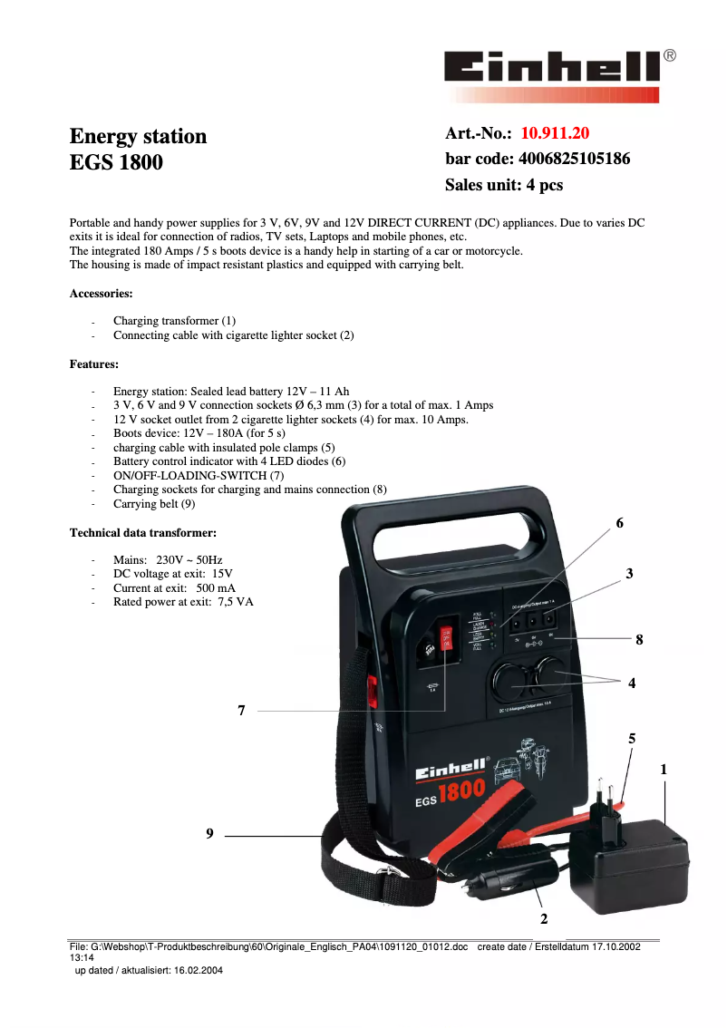 Imagen de la primera página del manual del dispositivo EGS 1800