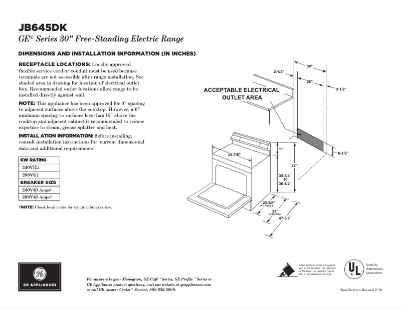 Página 1 del manual Ficha técnica GE JB645DKBB