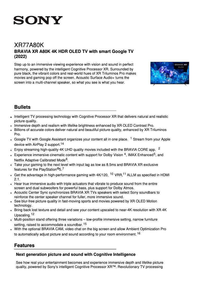 Imagen de la primera página del manual del dispositivo XR-77A80K