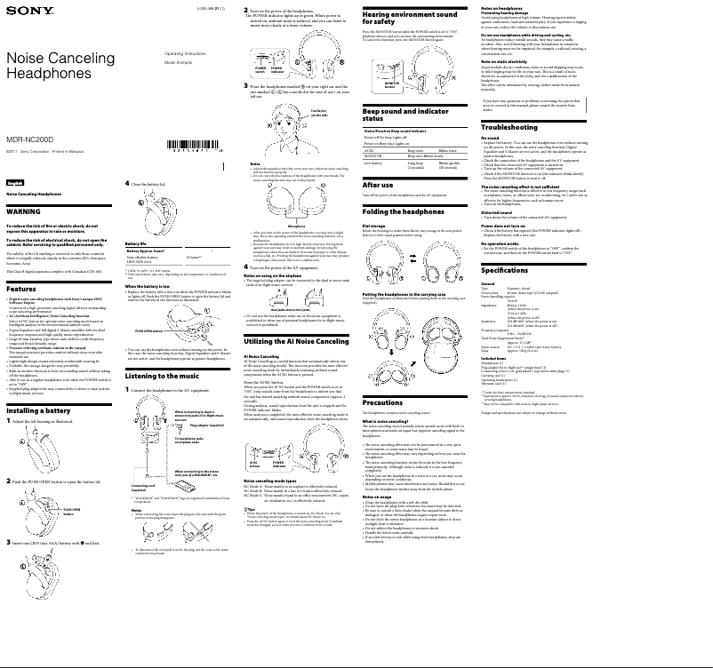 Imagen de la primera página del manual del dispositivo MDR-NC200D