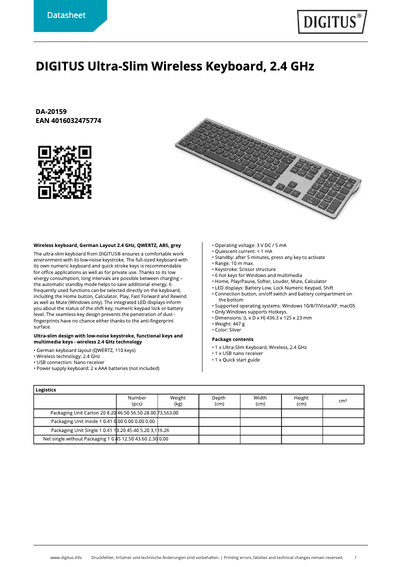 Página 1 del manual Ficha técnica Digitus DA-20159