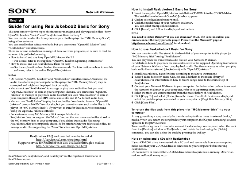 Imagen de la primera página del manual del dispositivo Walkman NW-S4