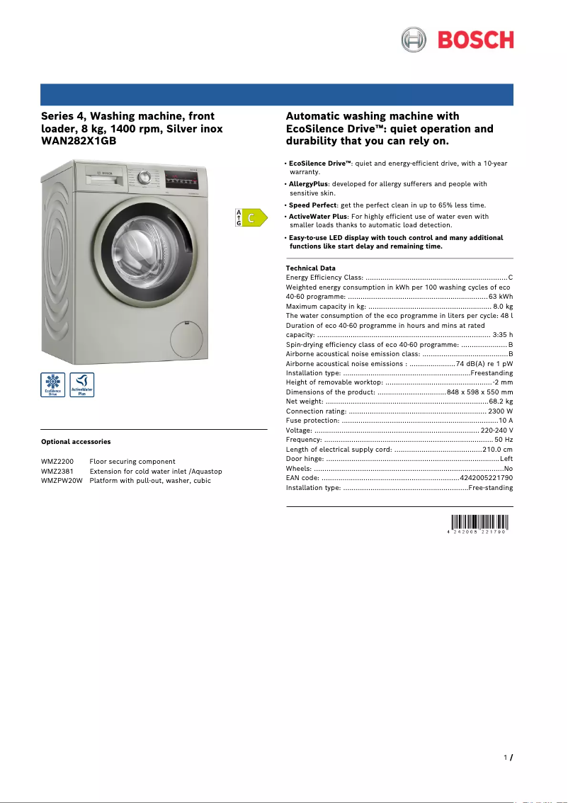 Página 1 del manual Ficha técnica Bosch WAN282X1GB