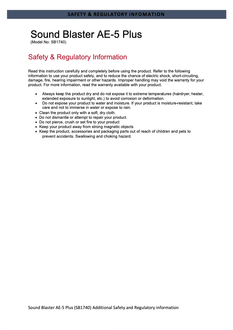 Página nº 1 - Instrucciones de seguridad Creative Sound BlasterX AE-5 Plus