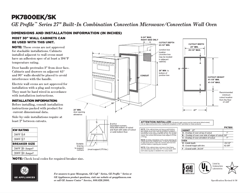 Página 1 del manual Ficha técnica GE PK7800EKES