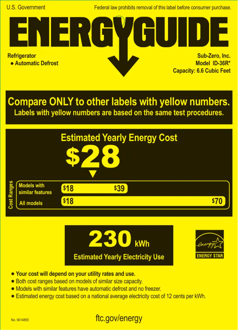 Página 1 del manual Etiqueta energética Sub-Zero ID-36R