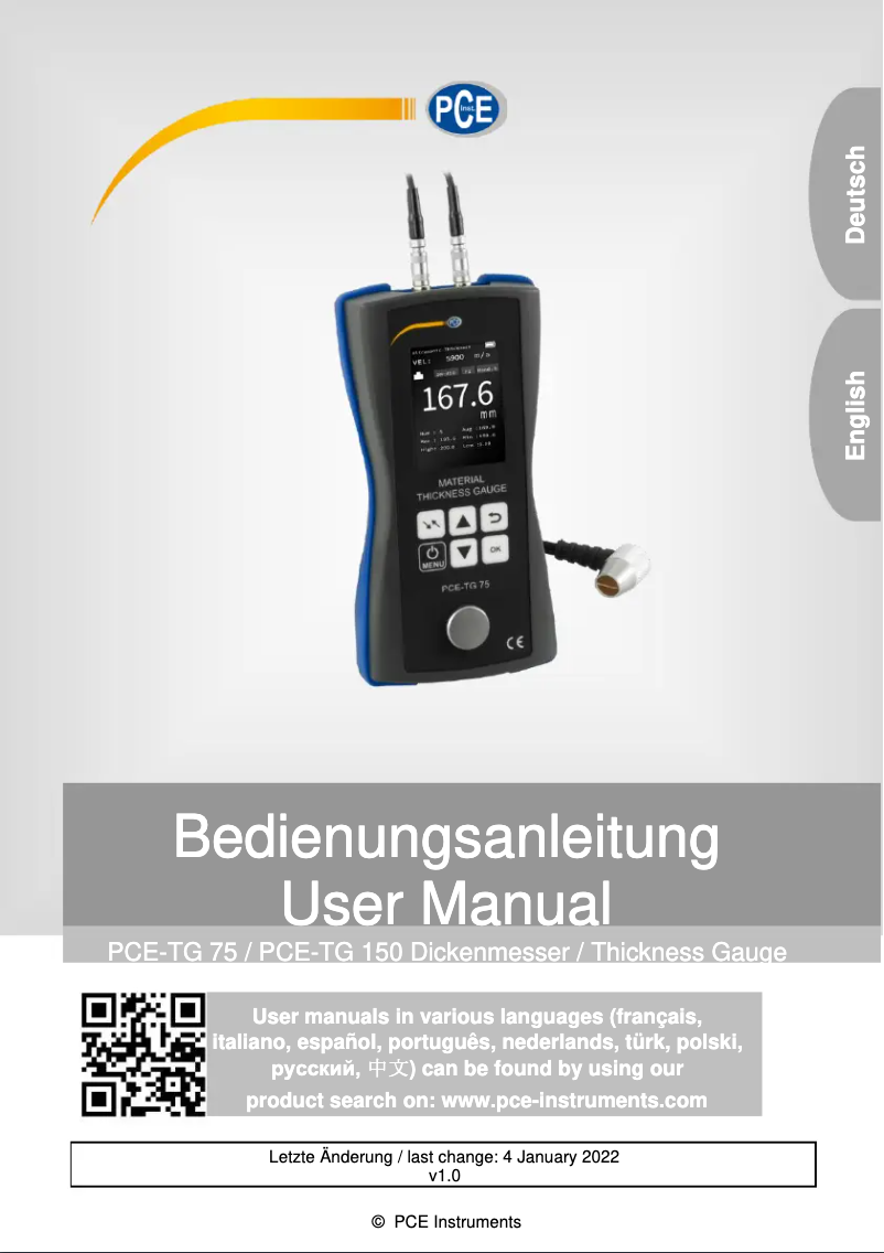 Página 1 del manual Manual de usuario PCE Instruments PCE-TG 75