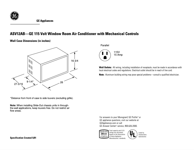 Página 1 del manual Ficha técnica GE ASV12AB