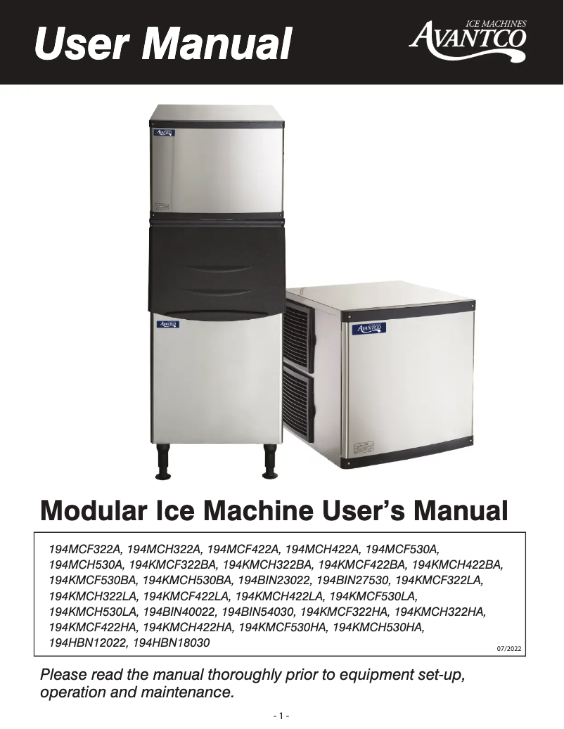 Página 1 del manual Manual de usuario Avantco Ice MC-H-430-A