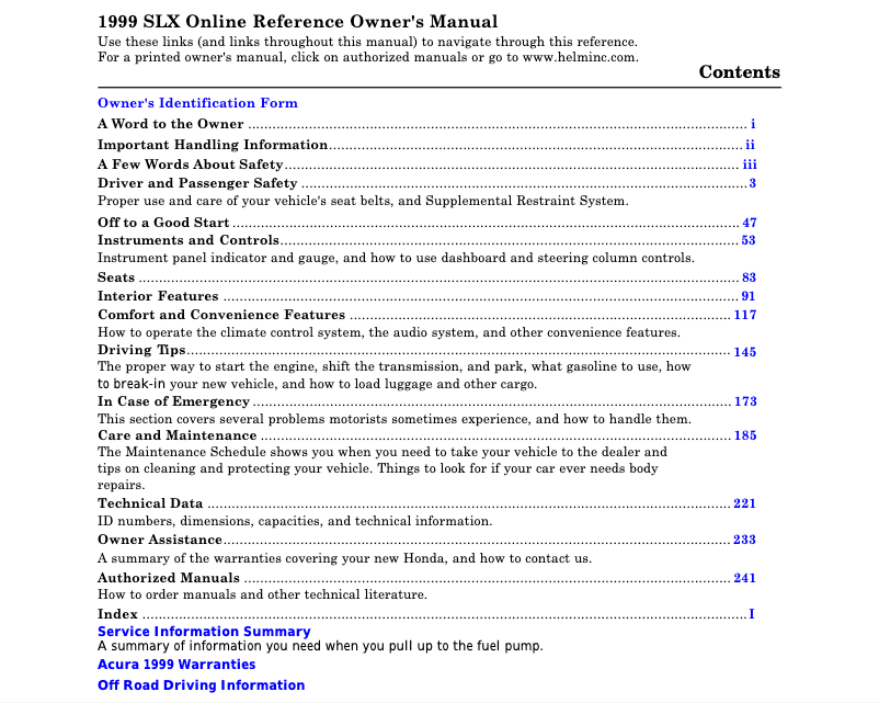 Página 1 del manual Manual de usuario Acura SLX (1999)